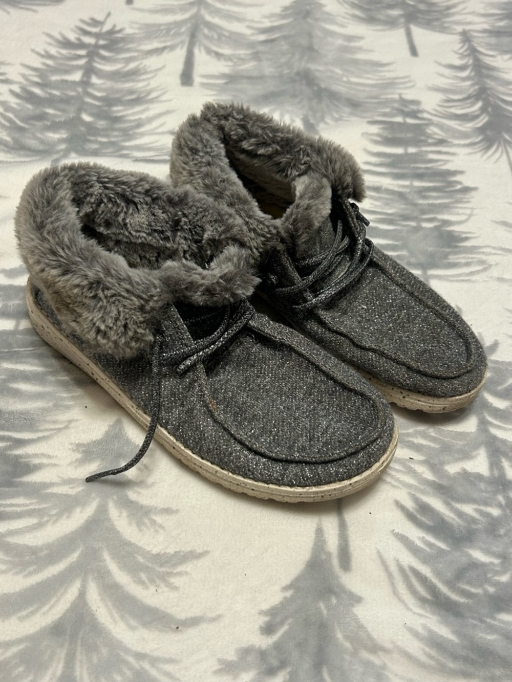 Hey Dude Youth Gray Faux-Fur Lined Slip-On Moccasins
